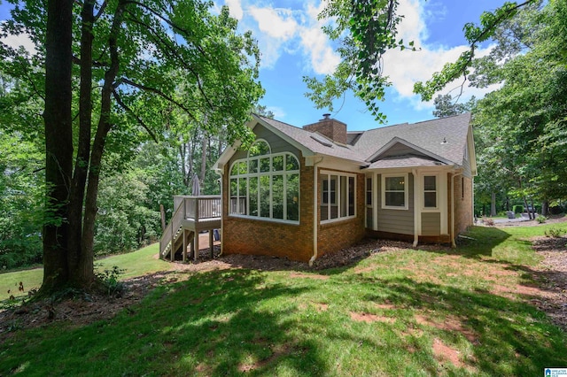 110 Pine Cliff Cir, Hoover, AL 35226 - back of house with stairway, brick siding, a yard, a wooden deck, and a chimney