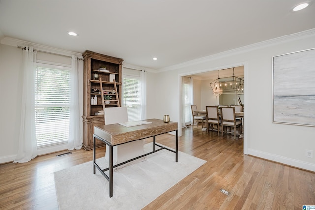 110 Pine Cliff Cir, Hoover, AL 35226 - office featuring crown molding, light wood-type flooring, a chandelier, and recessed lighting