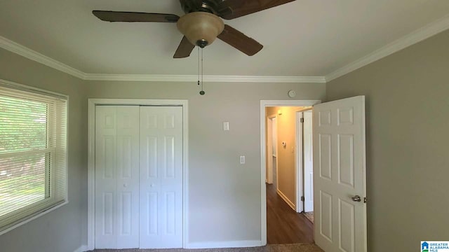 1525 Cresthill Rd, Birmingham, AL 35213 - unfurnished bedroom with ornamental molding, a closet, ceiling fan, and wood finished floors