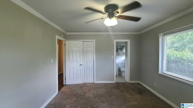 1525 Cresthill Rd, Birmingham, AL 35213 - unfurnished bedroom with carpet flooring, ornamental molding, a closet, connected bathroom, and a ceiling fan