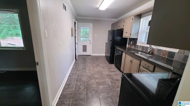 1525 Cresthill Rd, Birmingham, AL 35213 - kitchen with black appliances, dark countertops, ornamental molding, and backsplash