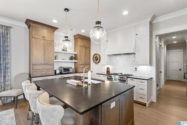544 Preserve Way, Hoover, AL 35226 - kitchen featuring dark countertops, custom range hood, open shelves, light wood-type flooring, and a center island with sink