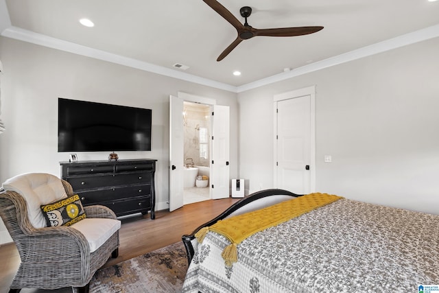 544 Preserve Way, Hoover, AL 35226 - bedroom featuring ornamental molding, wood finished floors, recessed lighting, ceiling fan, and ensuite bathroom