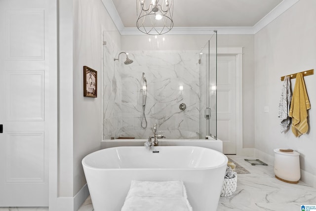 544 Preserve Way, Hoover, AL 35226 - bathroom with marble finish floors, crown molding, a freestanding bath, and a marble finish shower