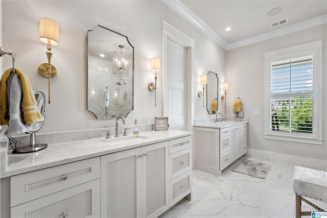 544 Preserve Way, Hoover, AL 35226 - bathroom with marble look tile flooring, two vanities, a marble finish shower, ornamental molding, and a chandelier