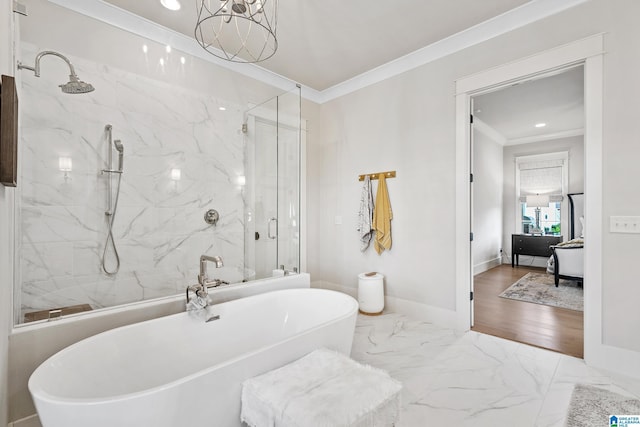 544 Preserve Way, Hoover, AL 35226 - full bathroom featuring ornamental molding, a marble finish shower, a freestanding tub, marble finish flooring, and recessed lighting
