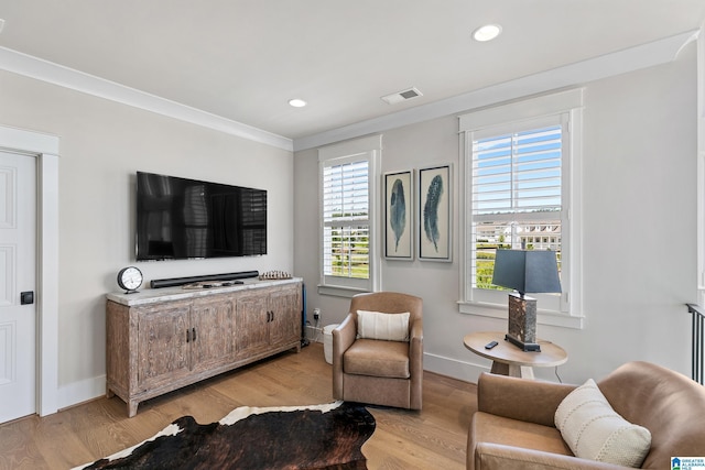 544 Preserve Way, Hoover, AL 35226 - living area featuring light wood-style flooring, crown molding, and recessed lighting