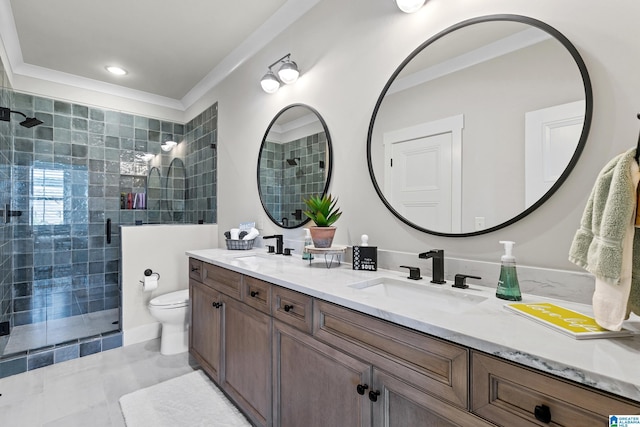 544 Preserve Way, Hoover, AL 35226 - bathroom with double vanity, a stall shower, and crown molding