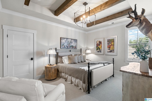 544 Preserve Way, Hoover, AL 35226 - bedroom featuring light carpet, a chandelier, and beamed ceiling