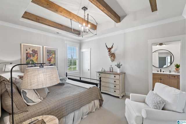 544 Preserve Way, Hoover, AL 35226 - carpeted bedroom featuring a chandelier, beamed ceiling, and connected bathroom
