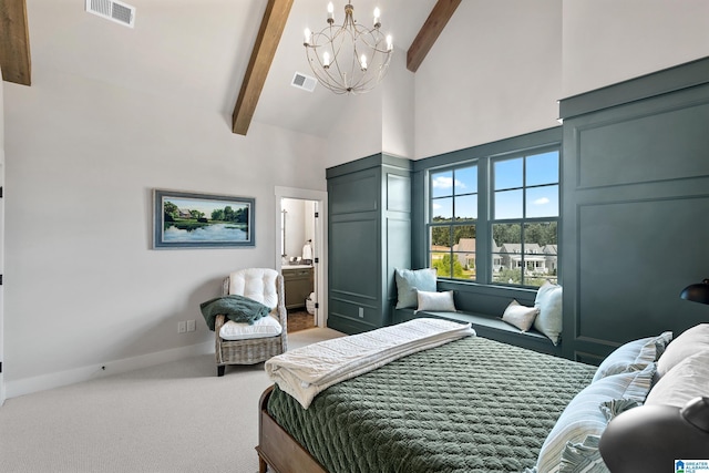 544 Preserve Way, Hoover, AL 35226 - bedroom featuring a chandelier, high vaulted ceiling, carpet flooring, beam ceiling, and ensuite bathroom