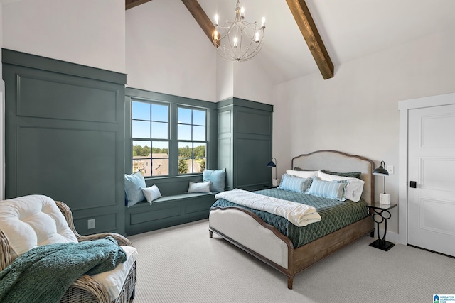 544 Preserve Way, Hoover, AL 35226 - bedroom with light carpet, a chandelier, beam ceiling, high vaulted ceiling, and a decorative wall