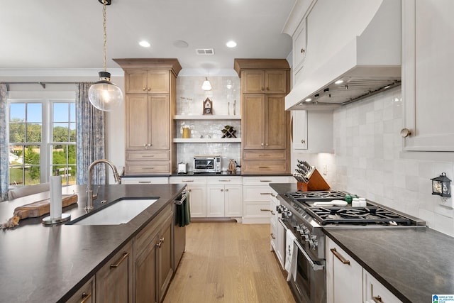544 Preserve Way, Hoover, AL 35226 - kitchen featuring custom range hood, high end stainless steel range, open shelves, decorative backsplash, and recessed lighting