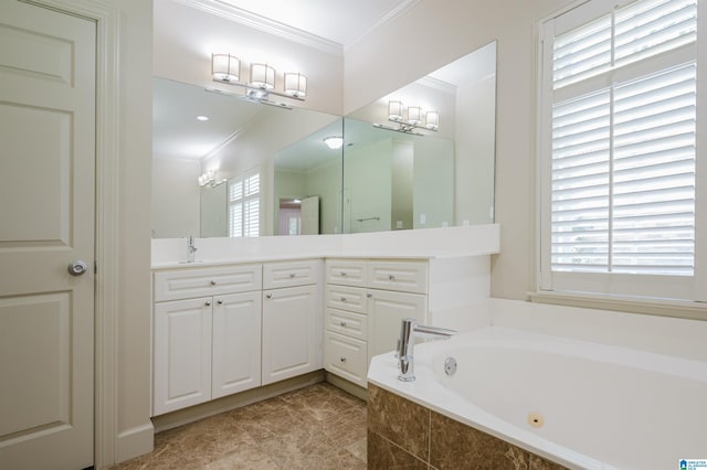 932 Cove Cir, Hoover, AL 35244 - bathroom featuring ornamental molding, a jetted tub, vanity, and tile patterned flooring