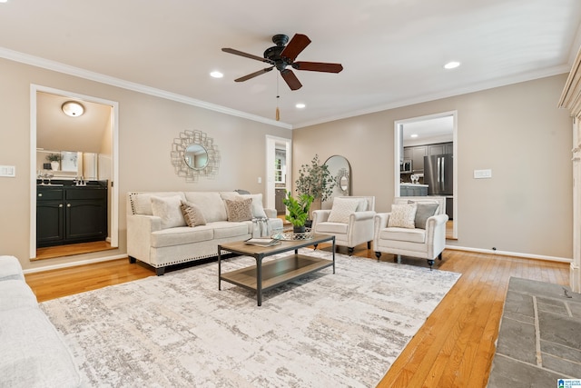 4737 Cloud Ln, Birmingham, AL 35243 - living room featuring ceiling fan, wood-type flooring, recessed lighting, and crown molding