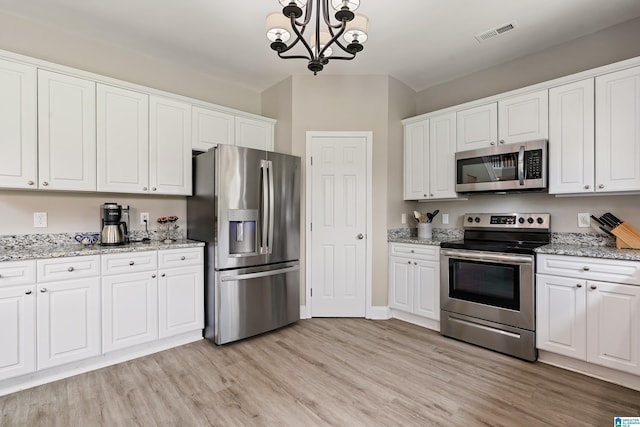 483 Old Cahaba Way, Helena, AL 35080 - kitchen featuring stainless steel appliances, light wood-style flooring, white cabinetry, a chandelier, and decorative light fixtures