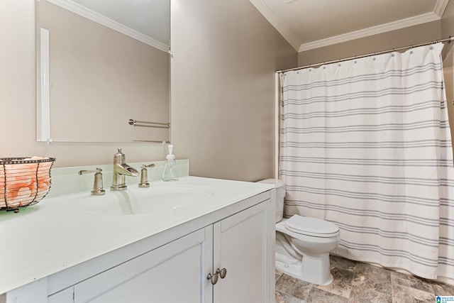 483 Old Cahaba Way, Helena, AL 35080 - full bath with crown molding, vanity, stone finish floors, and a shower with curtain