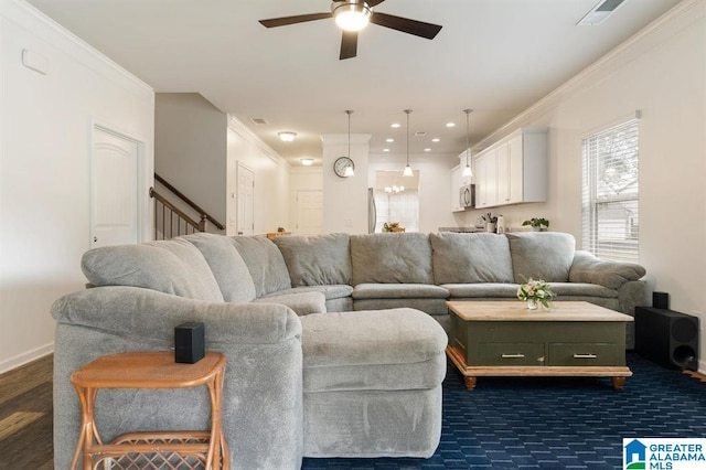 8613 Clarke Ln, Leeds, AL 35094 - living area featuring ceiling fan, stairs, and crown molding