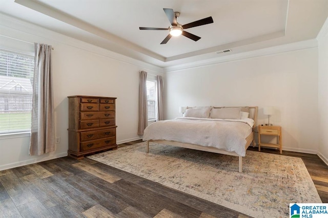 8613 Clarke Ln, Leeds, AL 35094 - bedroom with dark wood-style flooring, a raised ceiling, and a ceiling fan
