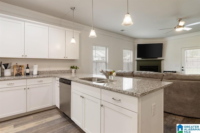 8613 Clarke Ln, Leeds, AL 35094 - kitchen featuring stainless steel dishwasher, a peninsula, wood finished floors, open floor plan, and white cabinets