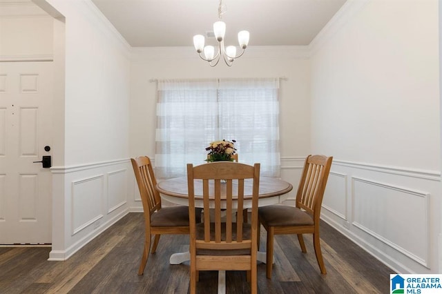 8613 Clarke Ln, Leeds, AL 35094 - dining space featuring a decorative wall, a chandelier, ornamental molding, wood finished floors, and a wainscoted wall