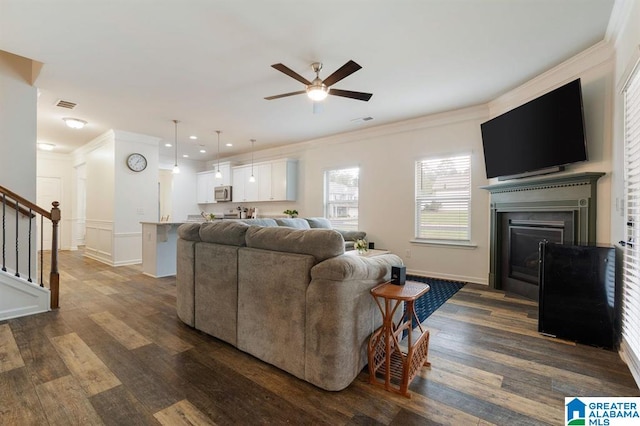 8613 Clarke Ln, Leeds, AL 35094 - living area with ornamental molding, stairs, ceiling fan, dark wood-type flooring, and a glass covered fireplace