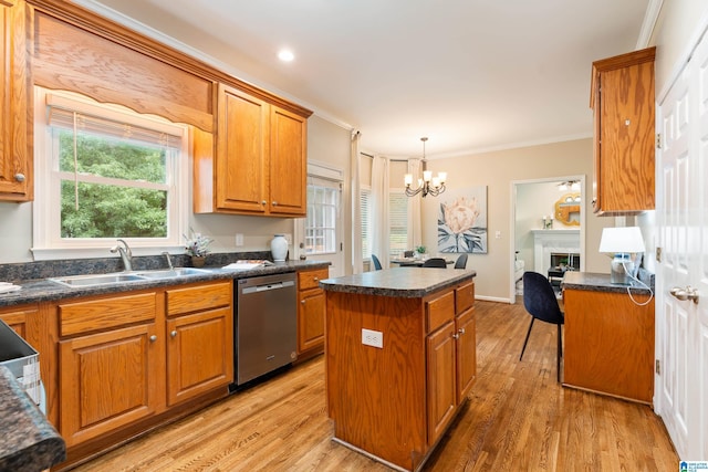 1812 Cross Cir, Hoover, AL 35244 - kitchen with dishwasher, a chandelier, crown molding, a center island, and brown cabinets