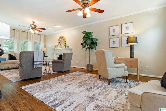 1812 Cross Cir, Hoover, AL 35244 - living room with a ceiling fan, ornamental molding, wood finished floors, and a fireplace