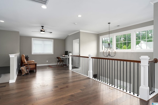 3041 Adley Cir, Hoover, AL 35244 - hall featuring a chandelier, wood-type flooring, crown molding, an office area, and recessed lighting