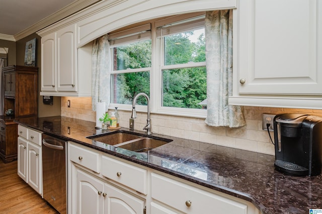 4208 Waterford Ln, Trussville, AL 35173 - kitchen featuring ornamental molding, backsplash, white cabinetry, and stainless steel dishwasher