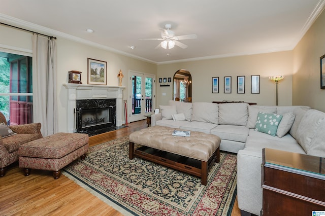4208 Waterford Ln, Trussville, AL 35173 - living room with light wood-type flooring, arched walkways, crown molding, a premium fireplace, and ceiling fan