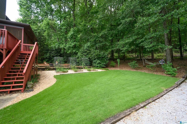 4208 Waterford Ln, Trussville, AL 35173 - view of grassy yard with stairway and a deck