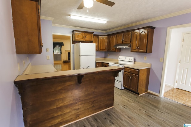1534 Cambridge Pl, Anniston, AL 36207 - kitchen with white appliances, under cabinet range hood, a peninsula, ceiling fan, and crown molding