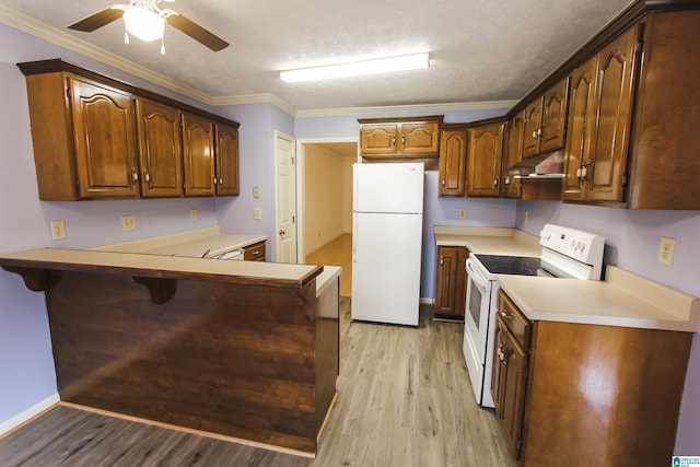 1534 Cambridge Pl, Anniston, AL 36207 - kitchen featuring white appliances, under cabinet range hood, a peninsula, light wood-style flooring, and crown molding