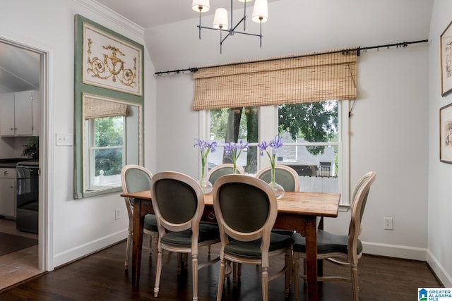 117 Elm St, Mountain Brook, AL 35213 - dining room with a chandelier, dark wood-style flooring, ornamental molding, and lofted ceiling