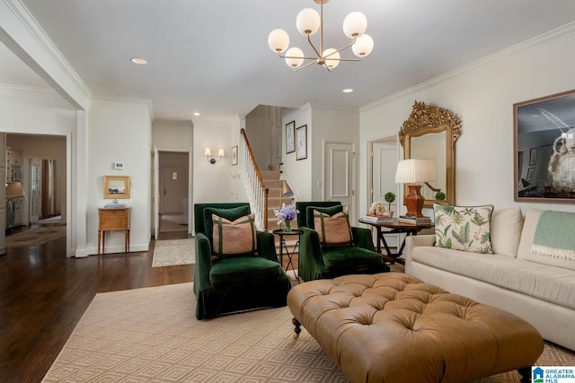 117 Elm St, Mountain Brook, AL 35213 - living room featuring stairway, ornamental molding, dark wood-style floors, a chandelier, and recessed lighting