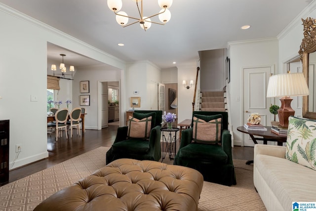 117 Elm St, Mountain Brook, AL 35213 - living area featuring a chandelier, stairway, wood finished floors, ornamental molding, and recessed lighting
