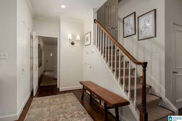 117 Elm St, Mountain Brook, AL 35213 - stairway with wood finished floors, crown molding, and recessed lighting