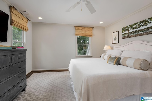 117 Elm St, Mountain Brook, AL 35213 - bedroom with recessed lighting, crown molding, and a ceiling fan