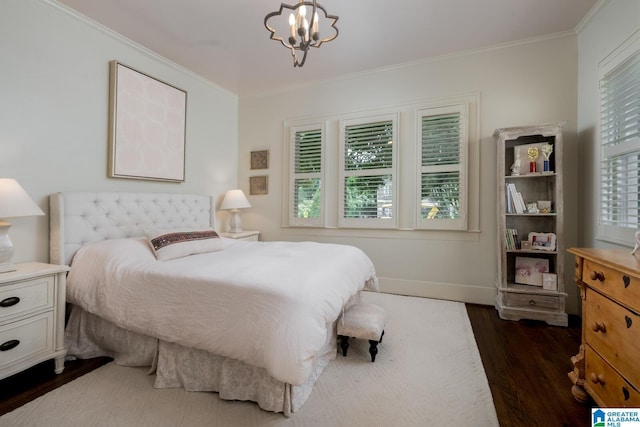 117 Elm St, Mountain Brook, AL 35213 - bedroom featuring dark wood finished floors, a chandelier, and ornamental molding