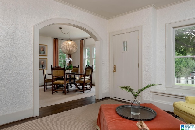 117 Elm St, Mountain Brook, AL 35213 - foyer entrance with arched walkways, a textured wall, wood finished floors, healthy amount of natural light, and crown molding