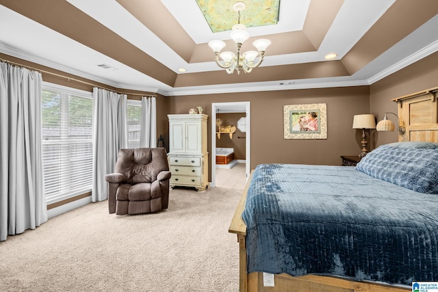2043 Maplewood Ln, Clanton, AL 35045 - bedroom with carpet, a chandelier, a raised ceiling, crown molding, and a skylight