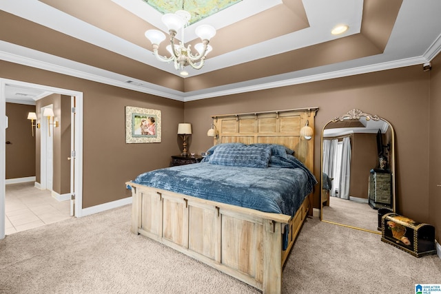 2043 Maplewood Ln, Clanton, AL 35045 - bedroom featuring light carpet, a raised ceiling, a chandelier, crown molding, and light tile patterned floors