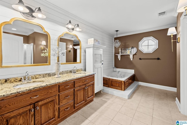 2043 Maplewood Ln, Clanton, AL 35045 - full bath featuring double vanity, a bath, tile patterned floors, and crown molding