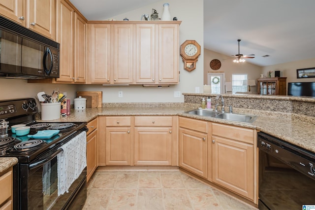 4033 Cambridge Dr, Moody, AL 35004 - kitchen featuring black appliances, vaulted ceiling, ceiling fan, and light brown cabinetry