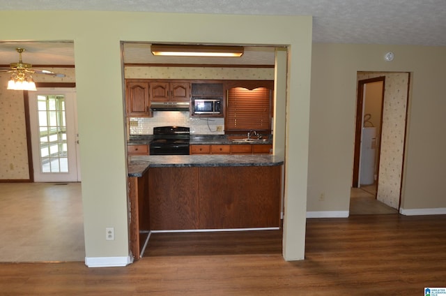 6301 Cedar Ct, Anniston, AL 36206 - kitchen with stainless steel microwave, black electric range, under cabinet range hood, wood finished floors, and a ceiling fan