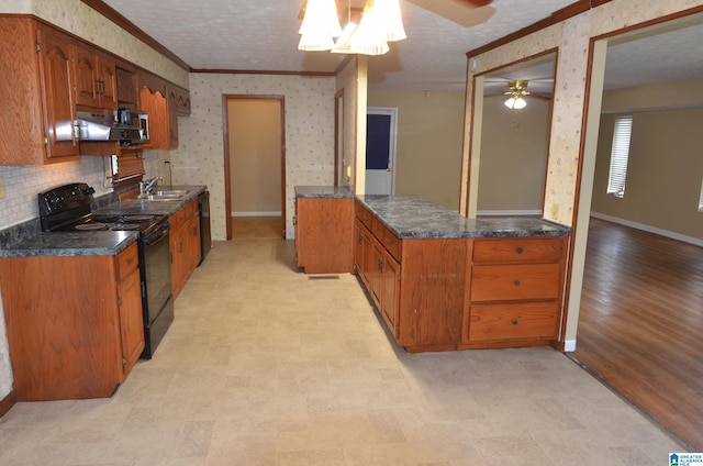 6301 Cedar Ct, Anniston, AL 36206 - kitchen featuring black appliances, a ceiling fan, crown molding, wallpapered walls, and brown cabinets