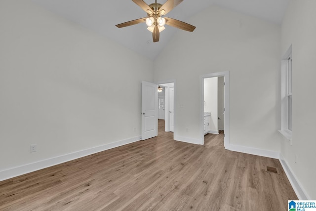 7945 Forest Loop, Pinson, AL 35126 - unfurnished bedroom with high vaulted ceiling, light wood-type flooring, ensuite bath, and ceiling fan