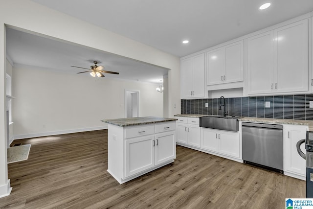 7945 Forest Loop, Pinson, AL 35126 - kitchen with dishwasher, wood finished floors, tasteful backsplash, a ceiling fan, and recessed lighting