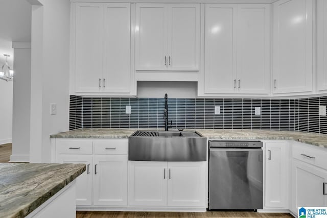 7945 Forest Loop, Pinson, AL 35126 - kitchen featuring stainless steel dishwasher, white cabinets, backsplash, and light stone countertops